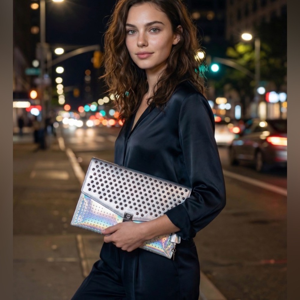 MCM Studded Metallic Large Clutch Silver ✨Runway-Era • Collectible